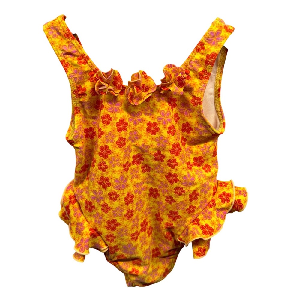 Carters Baby Vintage 90s Girls Yellow Floral Ruffle One Piece Swimsuit 18M